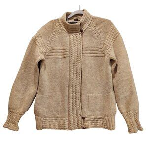 Eddie Bauer Womens M Beige Wool Cardigan Pockets Zip Textured Cuffs Boho Beachy